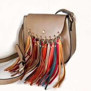 MELLOW WORLD Taupe/ Beige Multicolor Fringe Tassel Bag Small